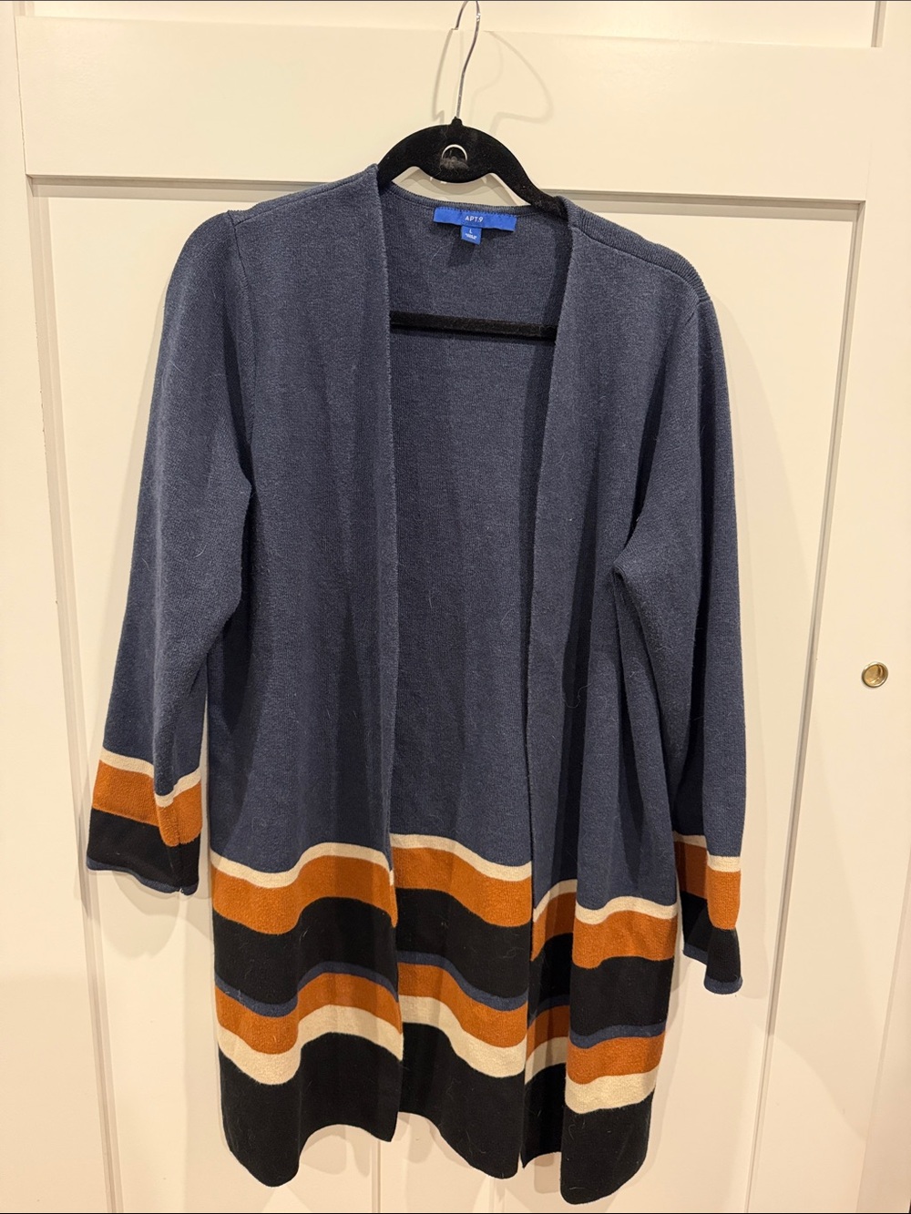 Apt. 9 Navy Open-Front Cardigan with Striped Hem